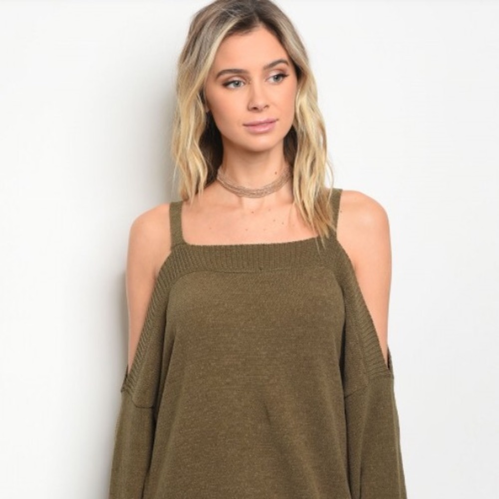 SOFT!! Olive Cold Shoulder Sweater NWT - Picture 3 of 4